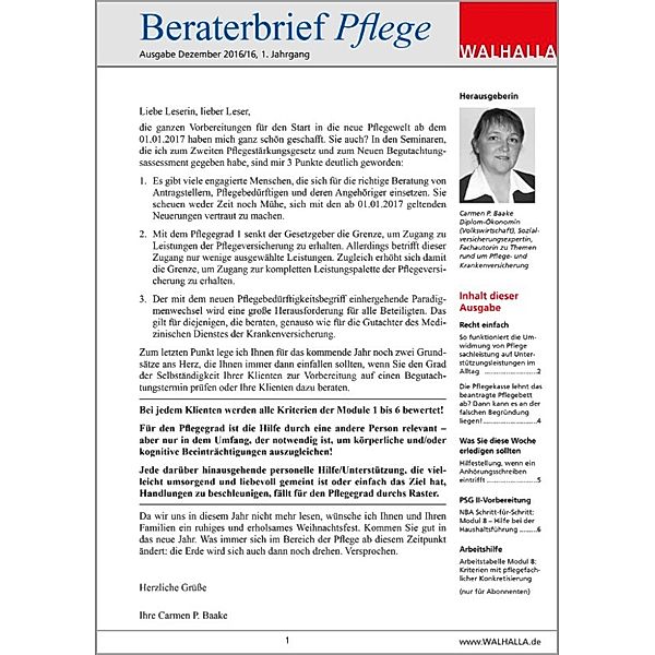 Beraterbrief Pflege Ausgabe Dezember 2016/16, Carmen P. Baake