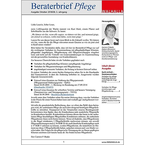 Beraterbrief Pflege Ausgabe Oktober 2018/20, Carmen P. Baake