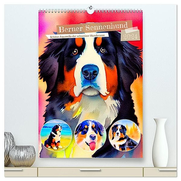 Berner Sennenhund 2024. Schöne Aquarelle der schweizer Hunderasse (hochwertiger Premium Wandkalender 2024 DIN A2 hoch), Kunstdruck in Hochglanz, Steffani Lehmann