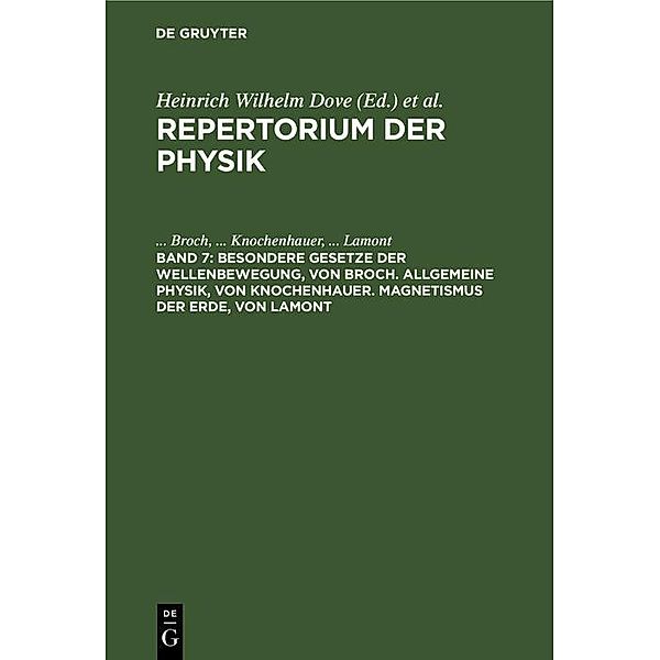 Besondere Gesetze der Wellenbewegung, von Broch. Allgemeine Physik, von Knochenhauer. Magnetismus der Erde, von Lamont, . . . Broch, . . . Knochenhauer, . . . Lamont