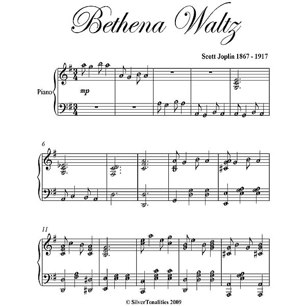 Bethena Waltz Joplin - Intermediate Piano Sheet Music, Silver Tonalities