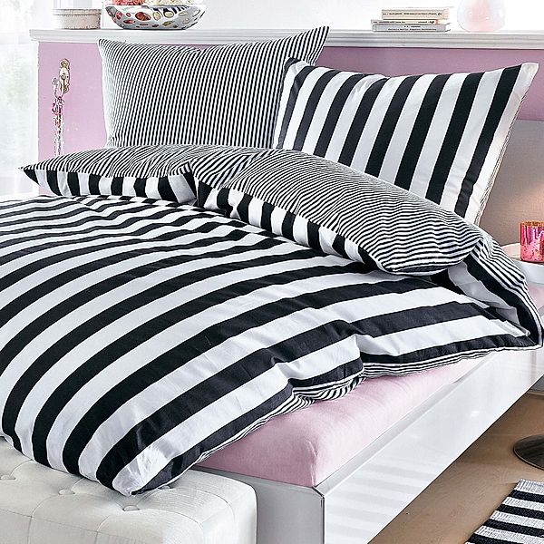 Bettwäsche mit Streifen, schwarz-weiß