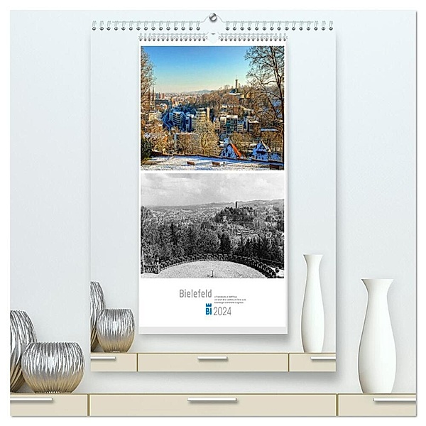Bielefelder Fotomotive heute und damals mit historischen Ereignissen (hochwertiger Premium Wandkalender 2024 DIN A2 hoch), Kunstdruck in Hochglanz, Wolf Kloss