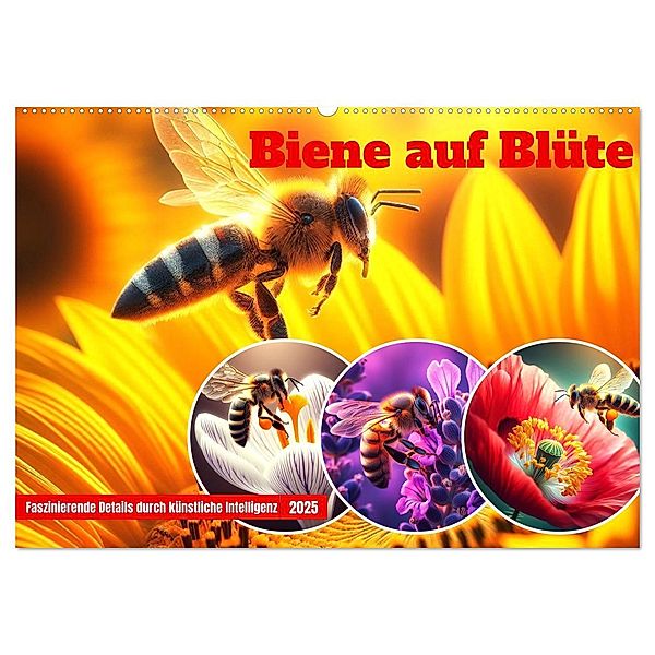 Biene auf Blüte - Faszinierende Details durch künstliche Intelligenz (Wandkalender 2025 DIN A2 quer), CALVENDO Monatskalender, Calvendo, Marco Warstat