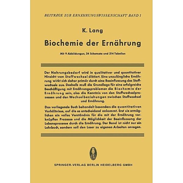 Biochemie der Ernährung / Beiträge zur Ernährungswissenschaft Bd.1, K. Lang