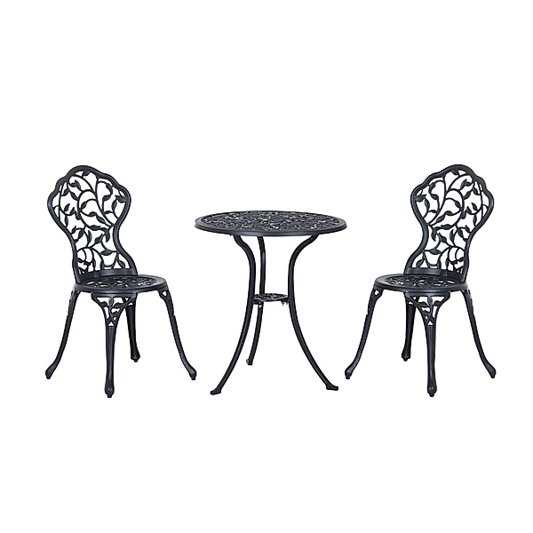 Bistroset mit 2 Stühlen und Tisch mit Blätter-Design schwarz (Farbe: schwarz)