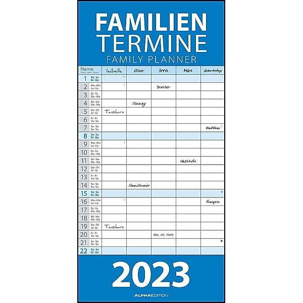 Blau 2023 Familienplaner - Familien-Timer - Termin-Planer - Kinder-Kalender - Familien-Kalender - 22x45