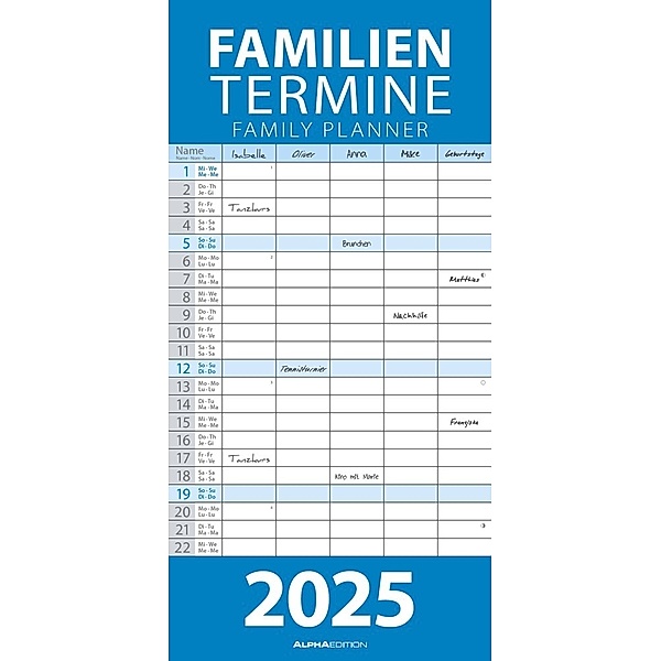 Blau 2025 Familienplaner - Familien-Timer - Termin-Planer - Kinder-Kalender - Familien-Kalender - 22x45