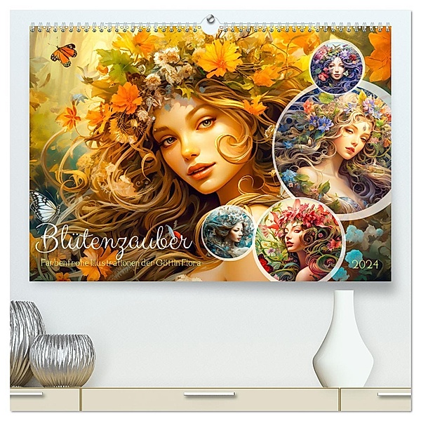 Blütenzauber - Farbenfrohe Illustrationen der Göttin Flora (hochwertiger Premium Wandkalender 2024 DIN A2 quer), Kunstdruck in Hochglanz, Calvendo, Anja Frost