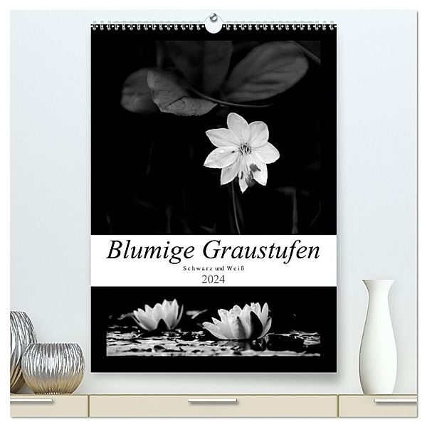 Blumige Graustufen - Schwarz und Weiss (hochwertiger Premium Wandkalender 2024 DIN A2 hoch), Kunstdruck in Hochglanz, Helene Seidl