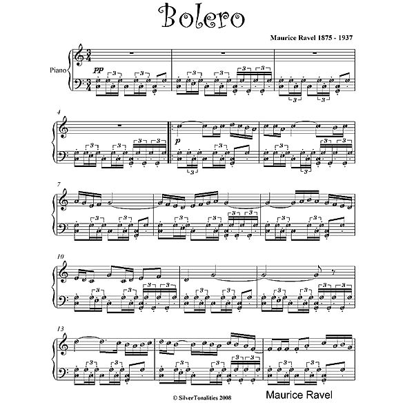 Bolero Intermediate Piano Sheet Music, Maurice Ravel