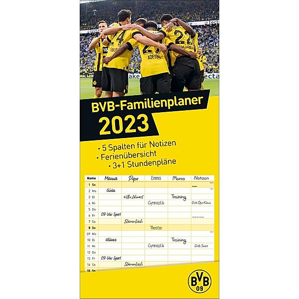 Borussia Dortmund Familienplaner 2023. Der Kalender für Fußball-Familien: Terminplaner mit 5 Spalten und den Stars des B