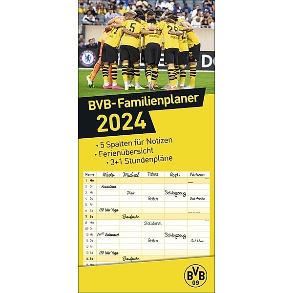 Borussia Dortmund Familienplaner 2024. Der Kalender für Fussball-Familien: Terminplaner mit 5 Spalten und den Stars des BVB. Ein Familien-Kalender mit viel Platz für Notizen.