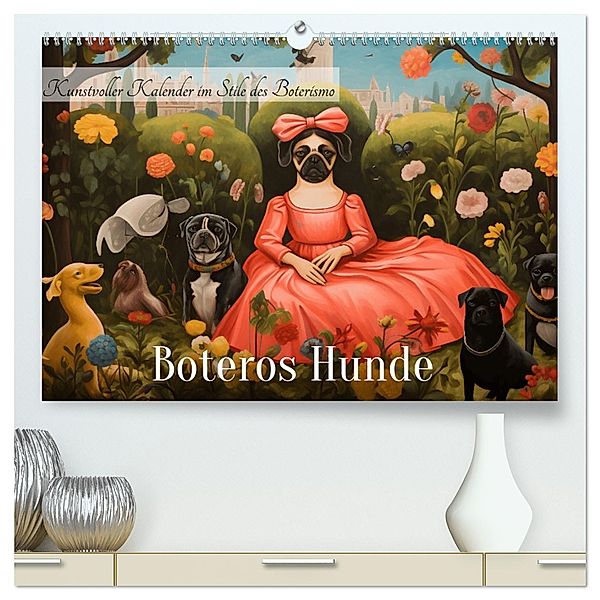 Boteros Hunde - Kunstvoller Kalender im Stile des Boterismo (hochwertiger Premium Wandkalender 2024 DIN A2 quer), Kunstdruck in Hochglanz, Calvendo, HollywayArt