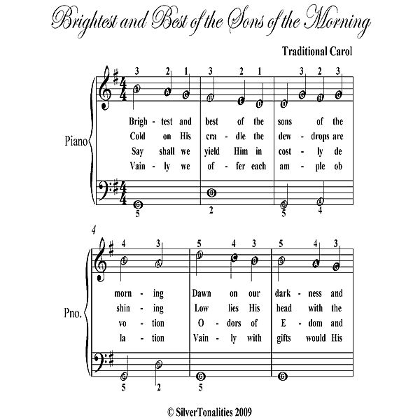 Brightest and Best of the Sons of the Morning Easiest Piano Sheet Music, Traditional Carol