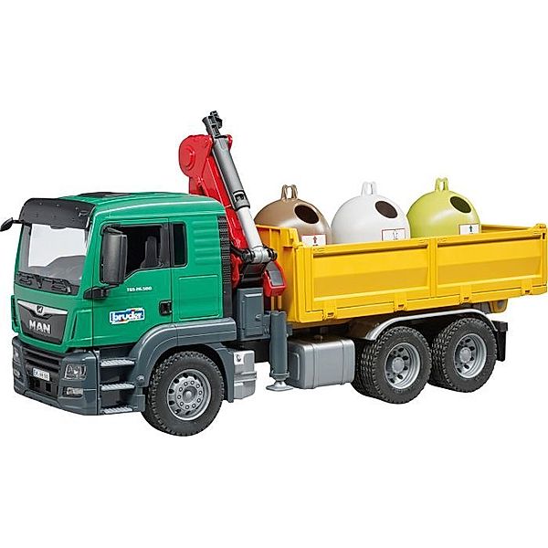 Bruder Bruder 03753 MAN TGS LKW mit Ladekran, 3 Altglascontainern und Flaschen