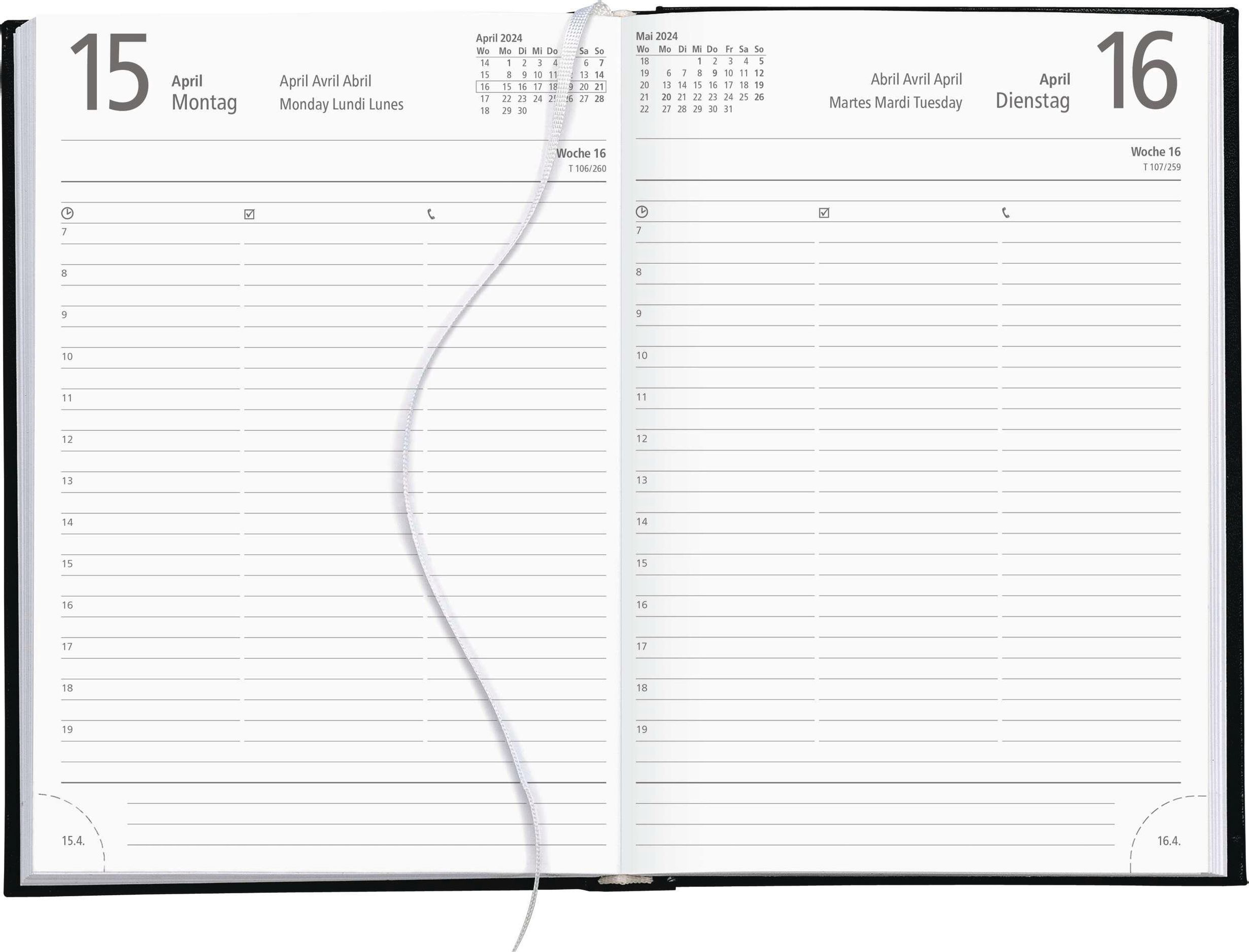 Buchkalender schwarz 2024 - Bürokalender 14,5x21 cm - 1 Tag auf 1 Seite -  Kartoneinband, Recyclingpapier - Stundeneintei - Kalender bestellen