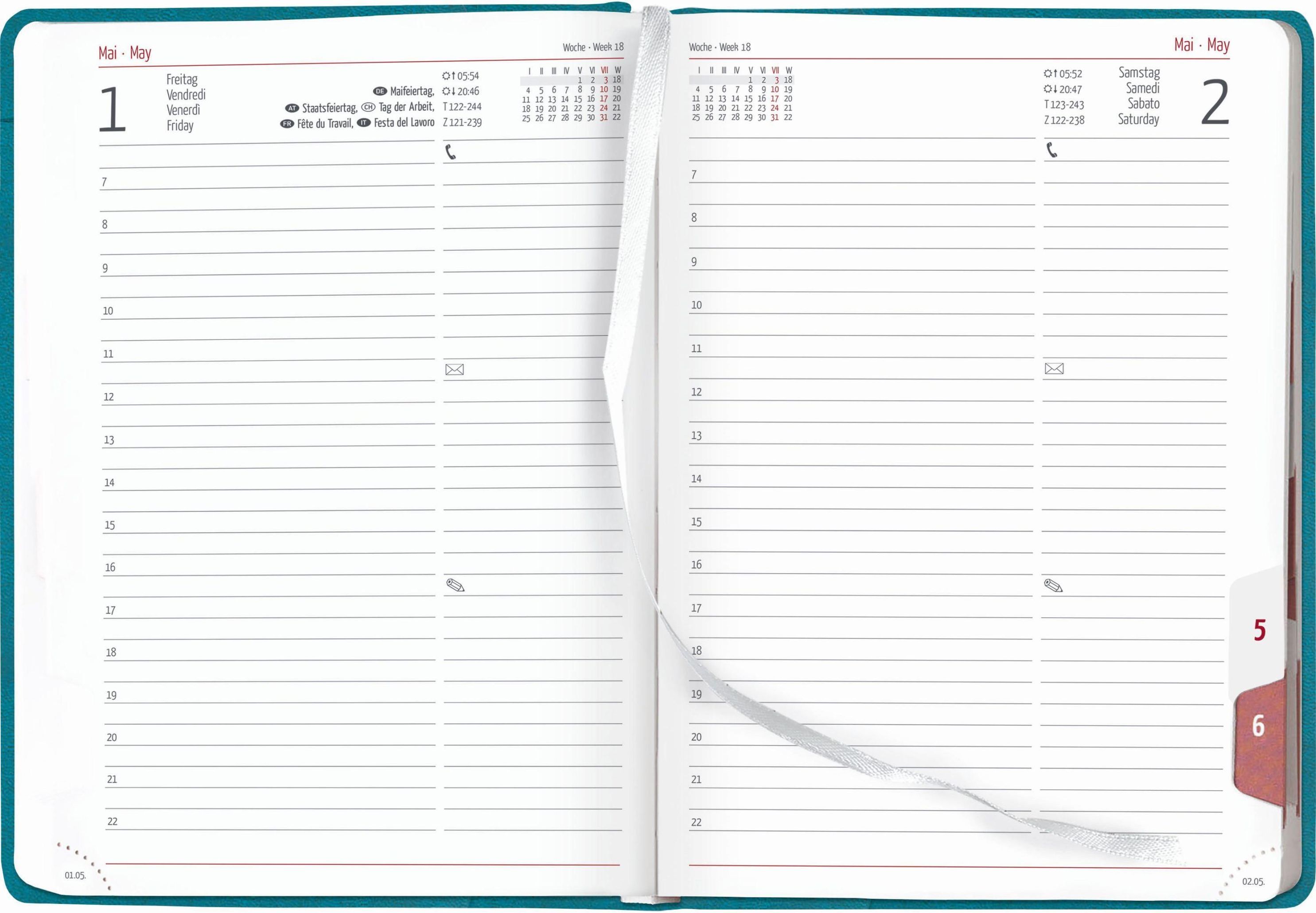Buchkalender Tucson türkis 2023 - mit Registerschnitt - Büro-Kalender A5 -  1 Tag 1 Seite - 416 Seiten - Tucson-Einband - - Kalender bestellen
