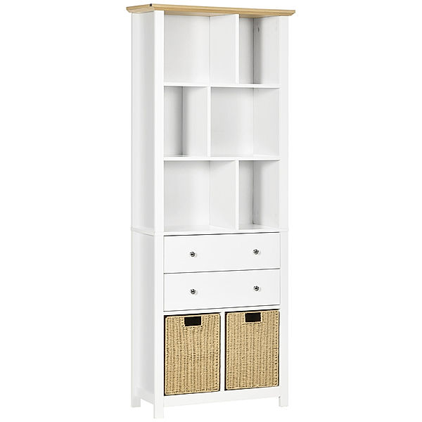 Bücherregal mit offenen Regalen und faltbaren Rattankörben weiß (Farbe: weiß)