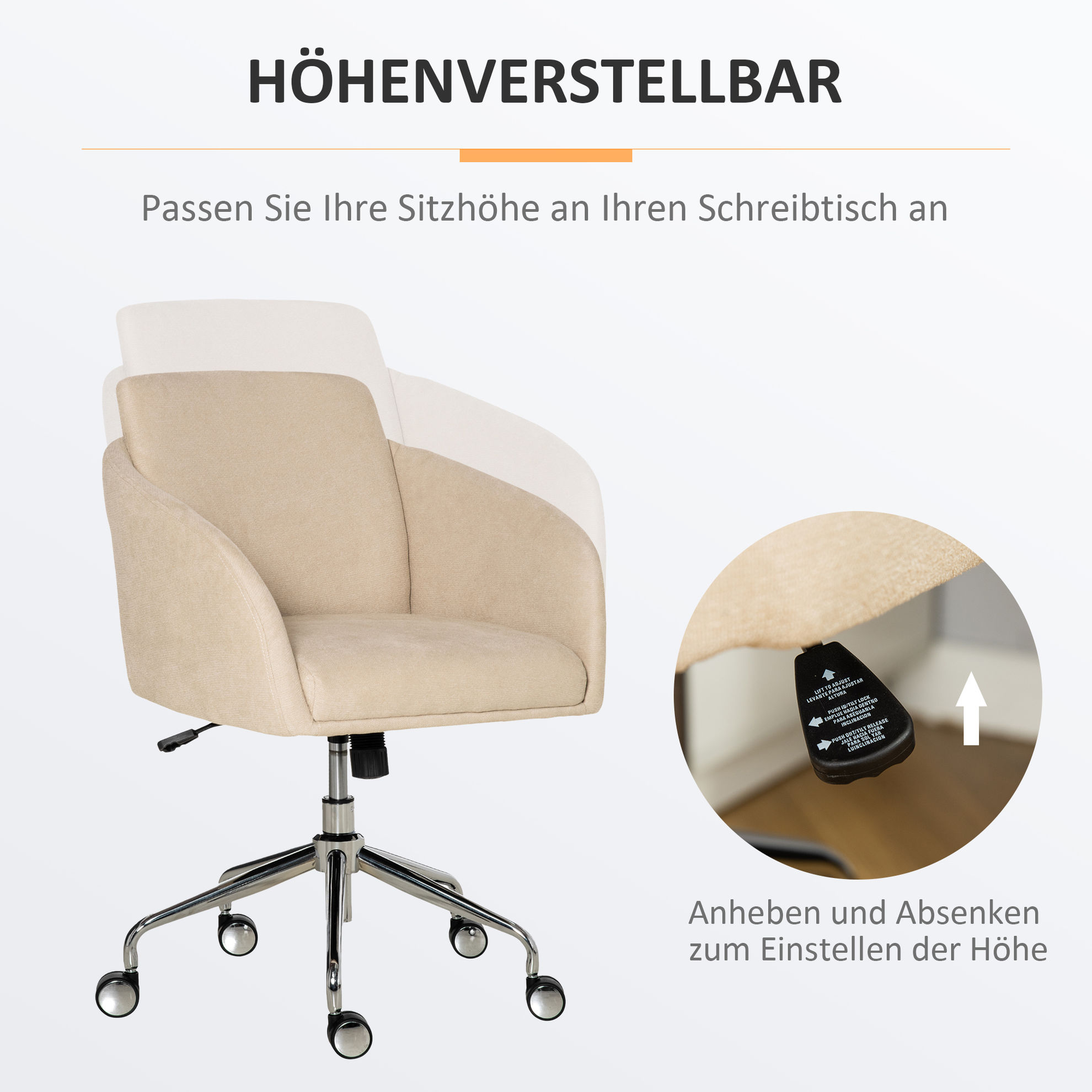 Bürostuhl mit einstellbarer Höhe und 360° Drehrollen beige Farbe: beige  online kaufen - Orbisana