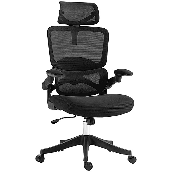 Bürostuhl mit verstellbarer Kopfstütze und hochklappbaren Armlehnen schwarz (Farbe: schwarz)