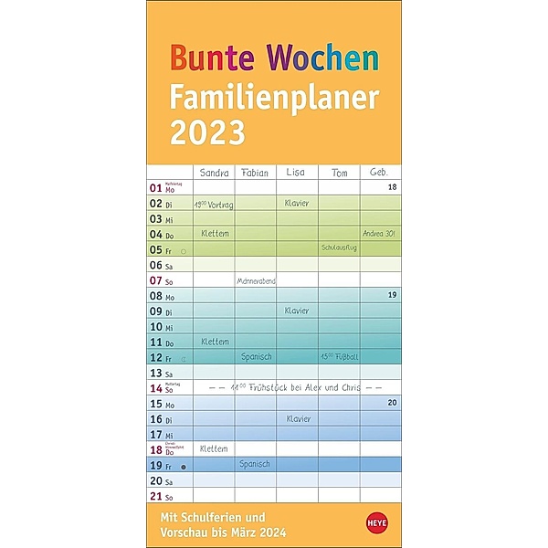 Bunte Wochen-Familienplaner 2023. Praktischer Wandplaner mit 5 Spalten. Familien Wandkalender mit Schulferien und 3-Mona