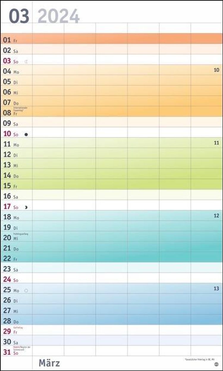 Bunte Wochen Familienplaner XL 2024. Familienkalender mit 6 Spalten.  Praktischer Familien-Wandkalender mit Schulferien. - Kalender bestellen