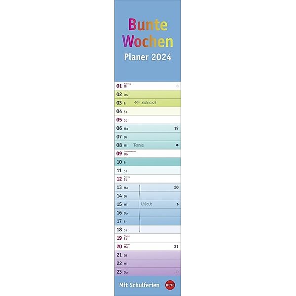 Bunte Wochen Langplaner 2024. Praktischer Streifenkalender fürs Büro. Wandkalender mit Schulferien. Terminkalender 2024 zum Eintragen.