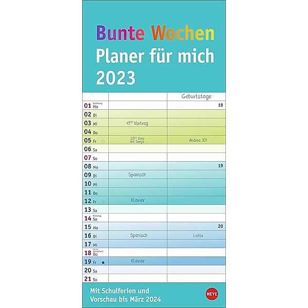 Bunte Wochen Planer für mich 2023. Praktischer Wandplaner mit 2 Spalten. Wandkalender mit Schulferien und 3-Monats-Ausbl