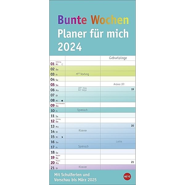 Bunte Wochen Planer für mich 2024. Praktischer Wandplaner mit 2 Spalten. Wandkalender mit Schulferien und 3-Monats-Ausblick. Terminkalender 2024 zum Eintragen.