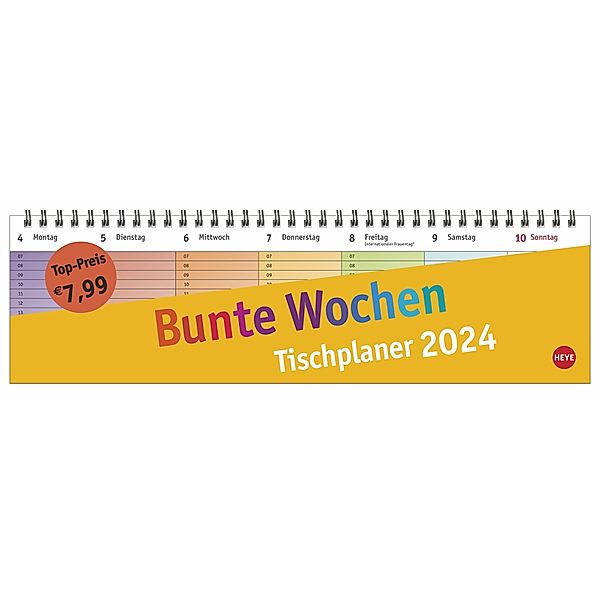 Bunte Wochen Wochenquerplaner 2024. Übersichtlicher Umklapp-Kalender 2024 mit farbig markierten Tagen. Tisch-Kalender für den Schreibtisch.