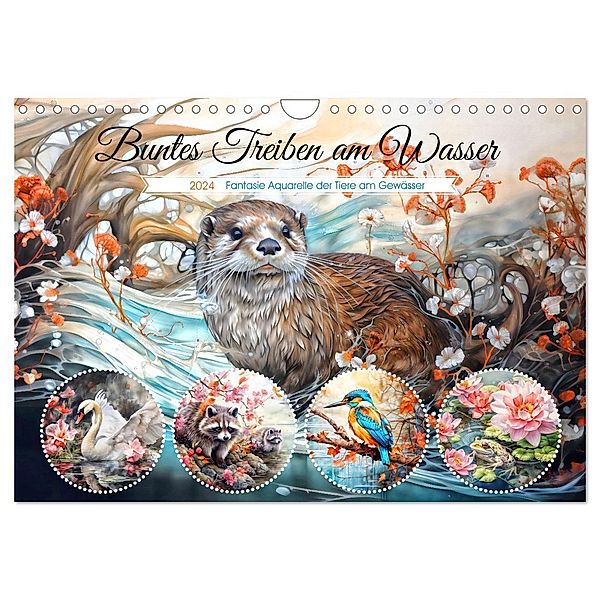 Buntes Treiben am Wasser - Fantasie Aquarelle der Tiere am Gewässer (Wandkalender 2024 DIN A4 quer), CALVENDO Monatskalender, Anja Frost