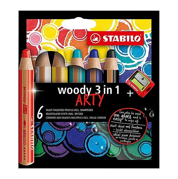 STABILO® Buntstift STABILO® woody 3in1 ARTY 6er-Set mit Spitzer