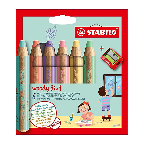 STABILO® Buntstift STABILO® woody 3in1 Pastel 6er-Set mit Spitzer
