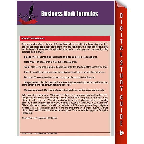Business Math Formulas / Business Mathematics and Statistics, Pamphlet Master