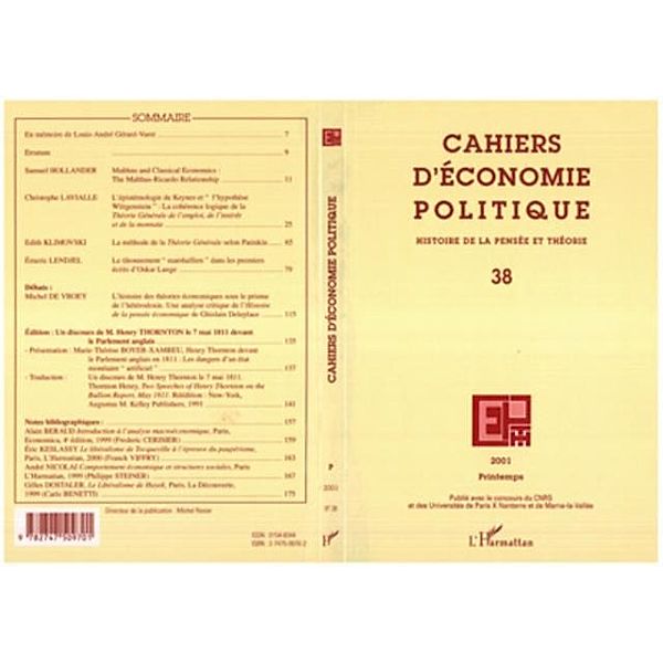 CAHIERS D'ECONOMIE POLITIQUE N(deg) 38 / Hors-collection, Collectif