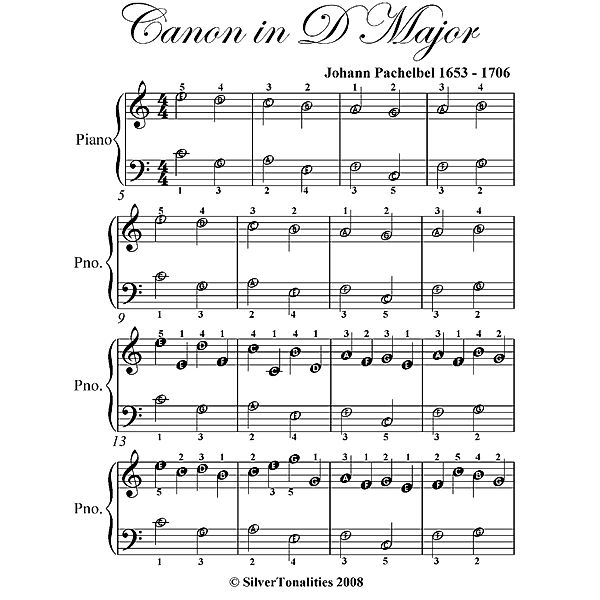 Canon in D Easiest Piano Sheet Music, Johann Pachelbel