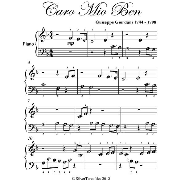 Caro Mio Ben - Beginner Piano Sheet Music, Silver Tonalities