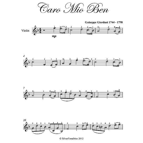 Caro Mio Ben - Easy Violin Sheet Music, Silver Tonalities