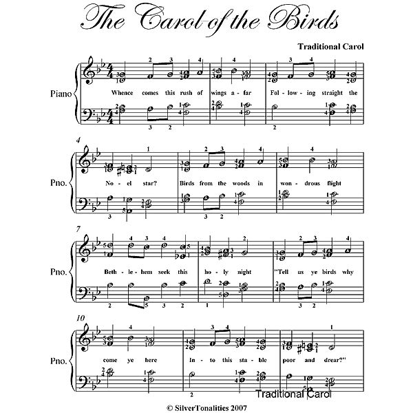 Carol of the Birds Elementary Piano Sheet Music, Traditional Carol