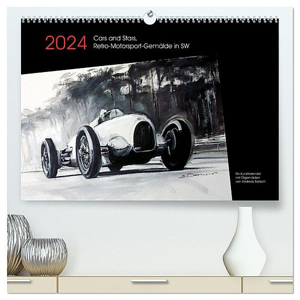 Cars and Stars, Retro-Motorsport-Gemälde in SW (hochwertiger Premium Wandkalender 2024 DIN A2 quer), Kunstdruck in Hochglanz, bartsch., Andreas Bartsch / design