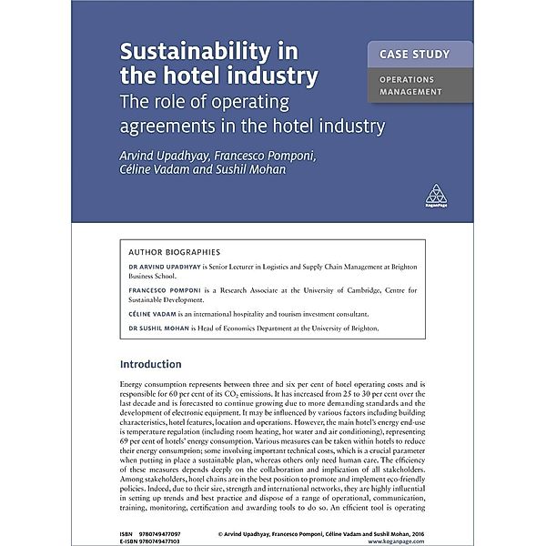 Case Study: Sustainability in the Hotel Industry / Kogan Page Case Study Library, Arvind Upadhyay, Francesco Pomponi, Céline Vadam, Sushil Mohan