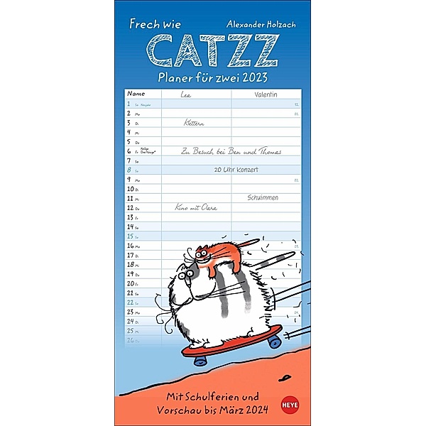 Catzz Planer für zwei 2023. Lustiger Wandplaner für 2. Partnerkalender mit 2 Spalten. Terminkalender mit witzigen Cartoo, Alexander Holzach
