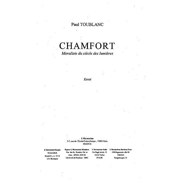 Chamfort moraliste du siecle  des lumieres / Hors-collection, Toublanc Paul