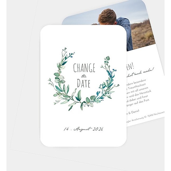 Change-The-Date Karte Soft Green, Postkarte hoch (105 x 148mm)