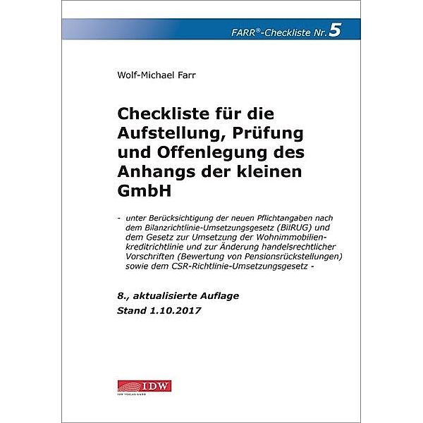 Checkliste für die Aufstellung, Prüfung und Offenlegung des Anhangs der kleinen GmbH, Wolf-Michael Farr