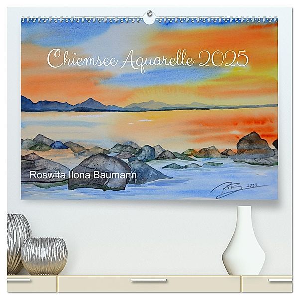Chiemsee Aquarelle (hochwertiger Premium Wandkalender 2025 DIN A2 quer), Kunstdruck in Hochglanz, Calvendo, Roswita Ilona Baumann