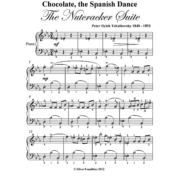 Chocolate the Spanish Dance Nutcracker Suite Easy Piano Sheet Music, Peter Ilyich Tchaikovsky