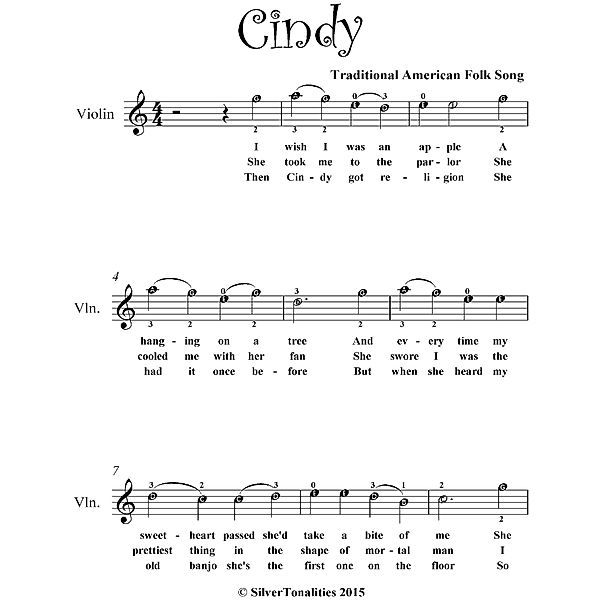Cindy Easy Violin Sheet Music, Traditional American Folk Song