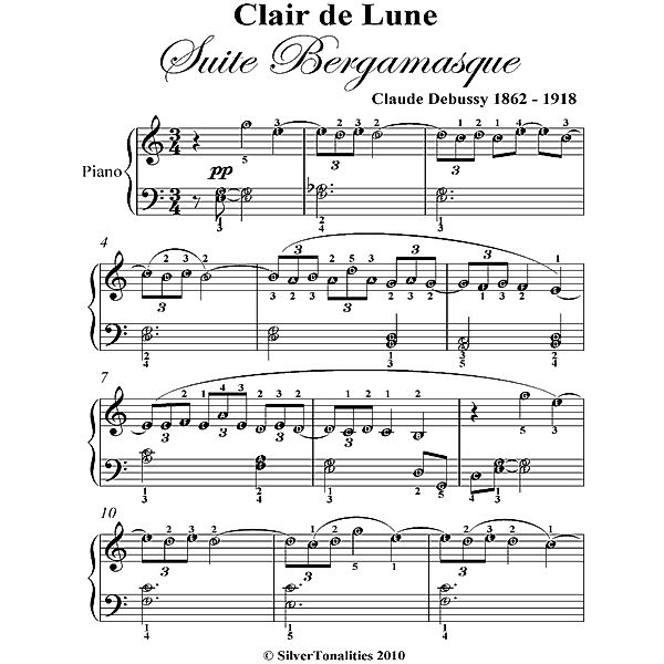 Clair de Lune Suite Bergamasque Elementary Piano Sheet Music, Claude Debussy